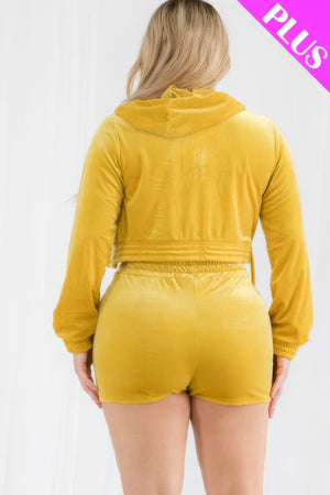 Plus Size Velour Crop Zip Up Hoodie And Shorts Set