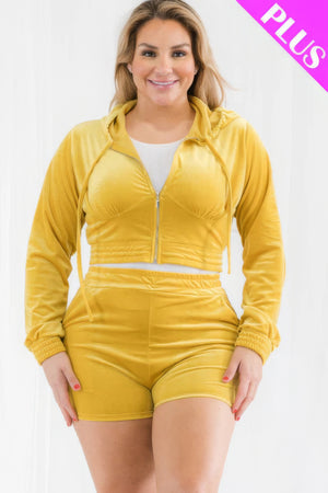 Plus Size Velour Crop Zip Up Hoodie And Shorts Set