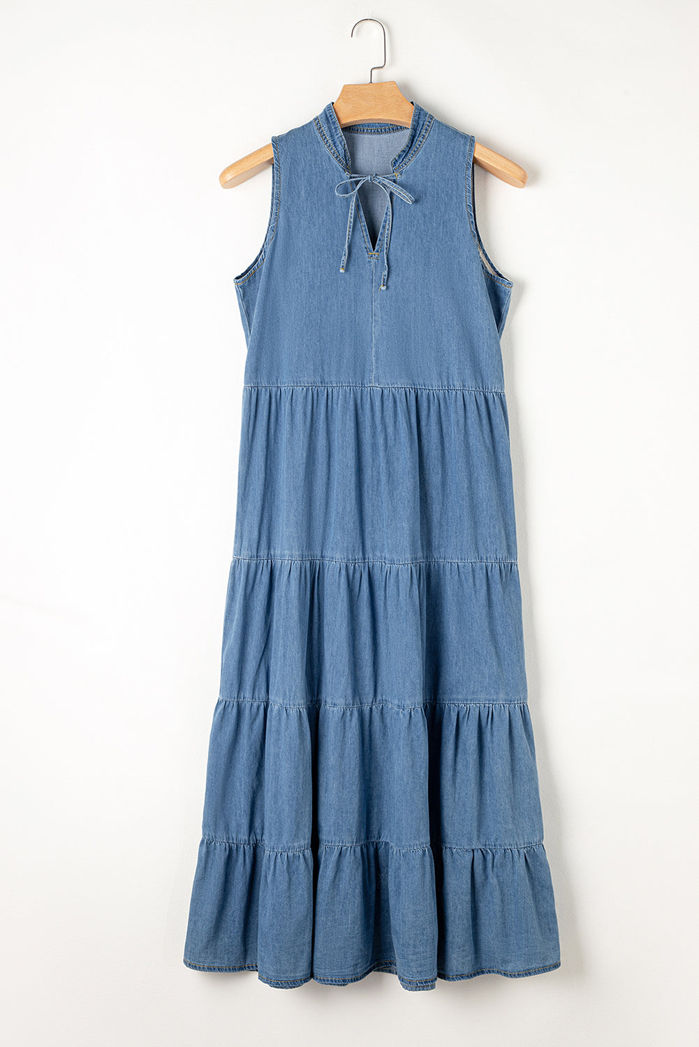 Blue Sleeveless Tiered Chambray Maxi Dress